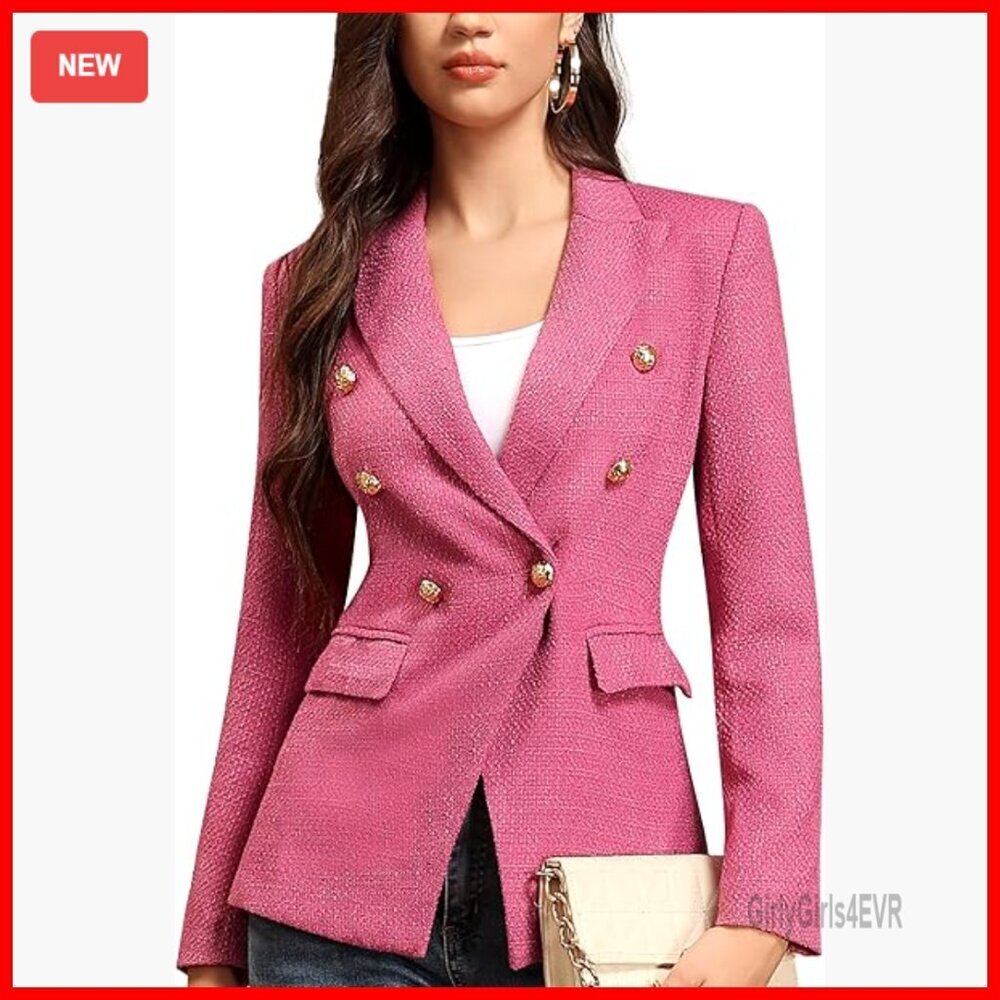 Double Breasted Blazer with Peaked Lapels, Long Sleeve Tweed Office Jacket